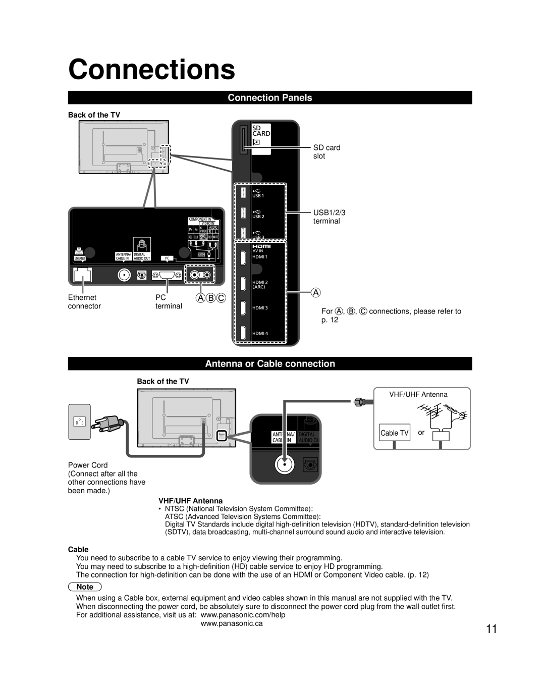 Panasonic TC-P65VT50, TC-P55VT50 owner manual Connections, Connection Panels, Antenna or Cable connection 