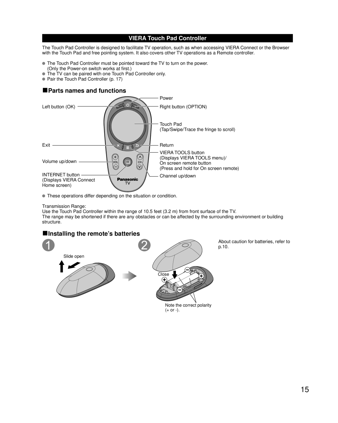 Panasonic TC-P65VT50, TC-P55VT50 Parts names and functions, Installing the remote’s batteries, Viera Touch Pad Controller 