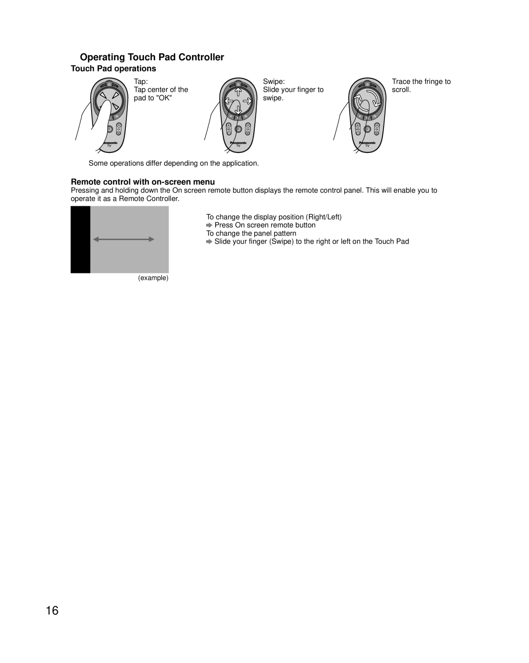 Panasonic TC-P55VT50, TC-P65VT50 Operating Touch Pad Controller, Touch Pad operations, Remote control with on-screen menu 