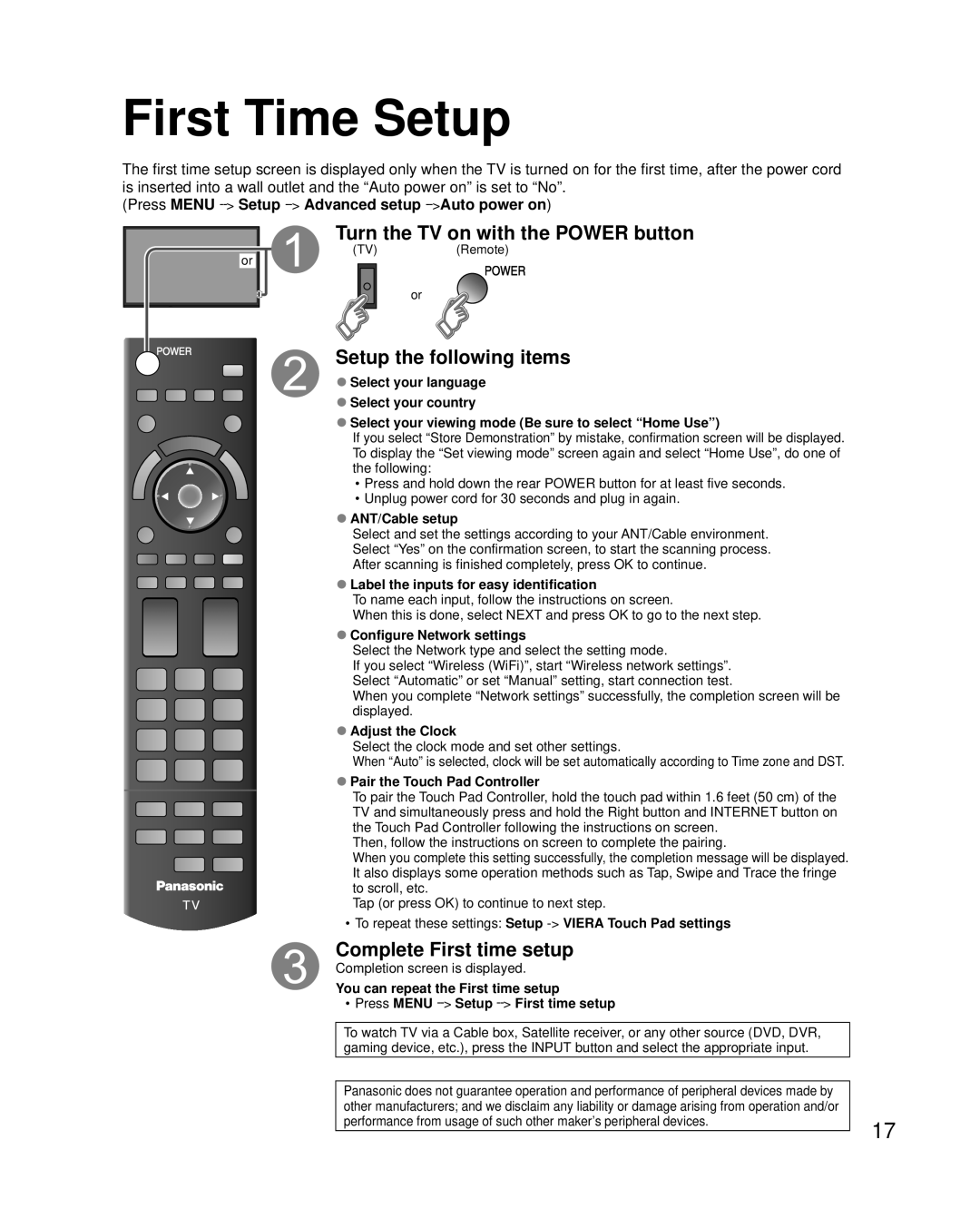 Panasonic TC-P65VT50, TC-P55VT50 owner manual First Time Setup, Press Menu --Setup --Advanced setup --Auto power on 