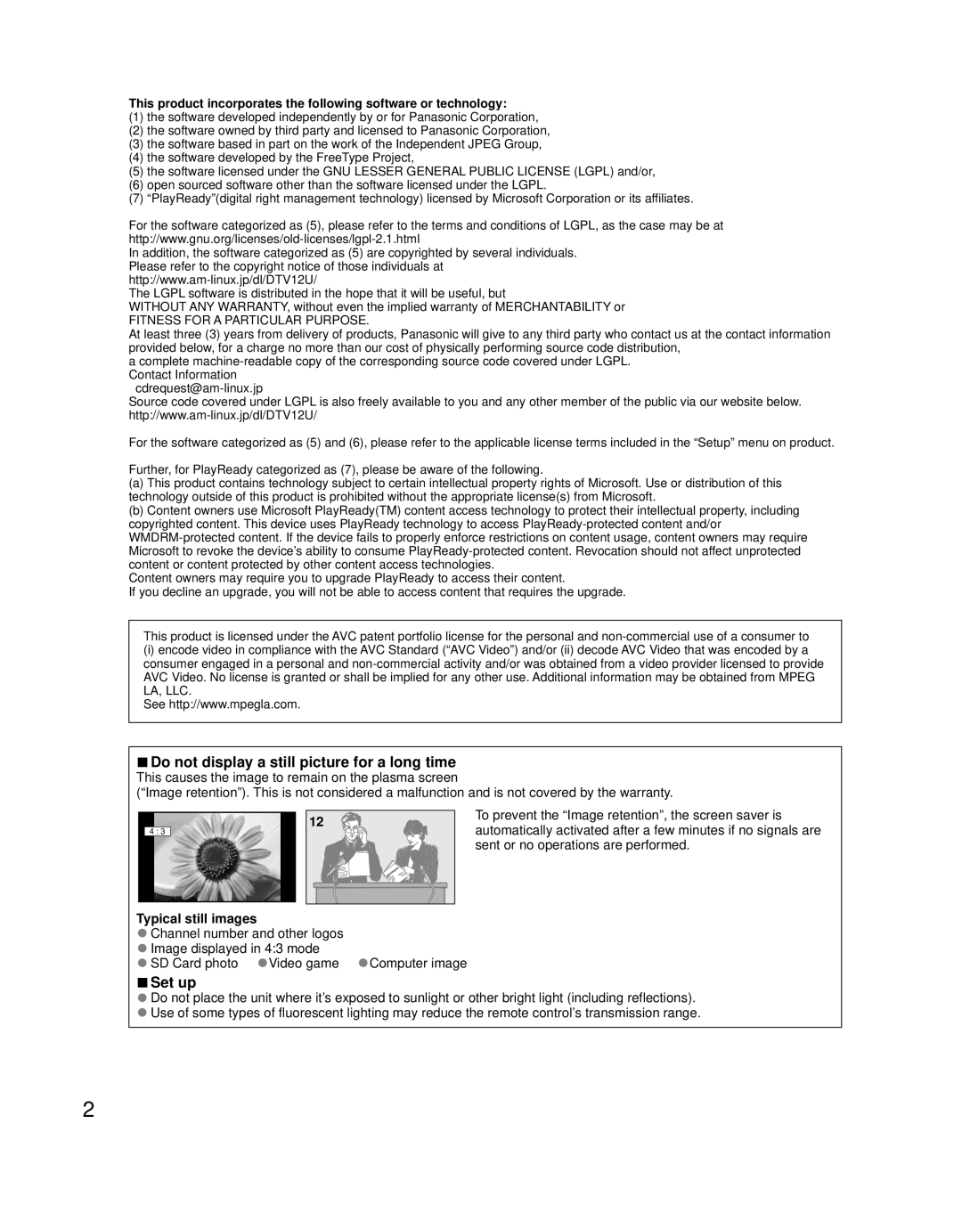 Panasonic TC-P55VT50, TC-P65VT50 owner manual Do not display a still picture for a long time, Set up, Typical still images 