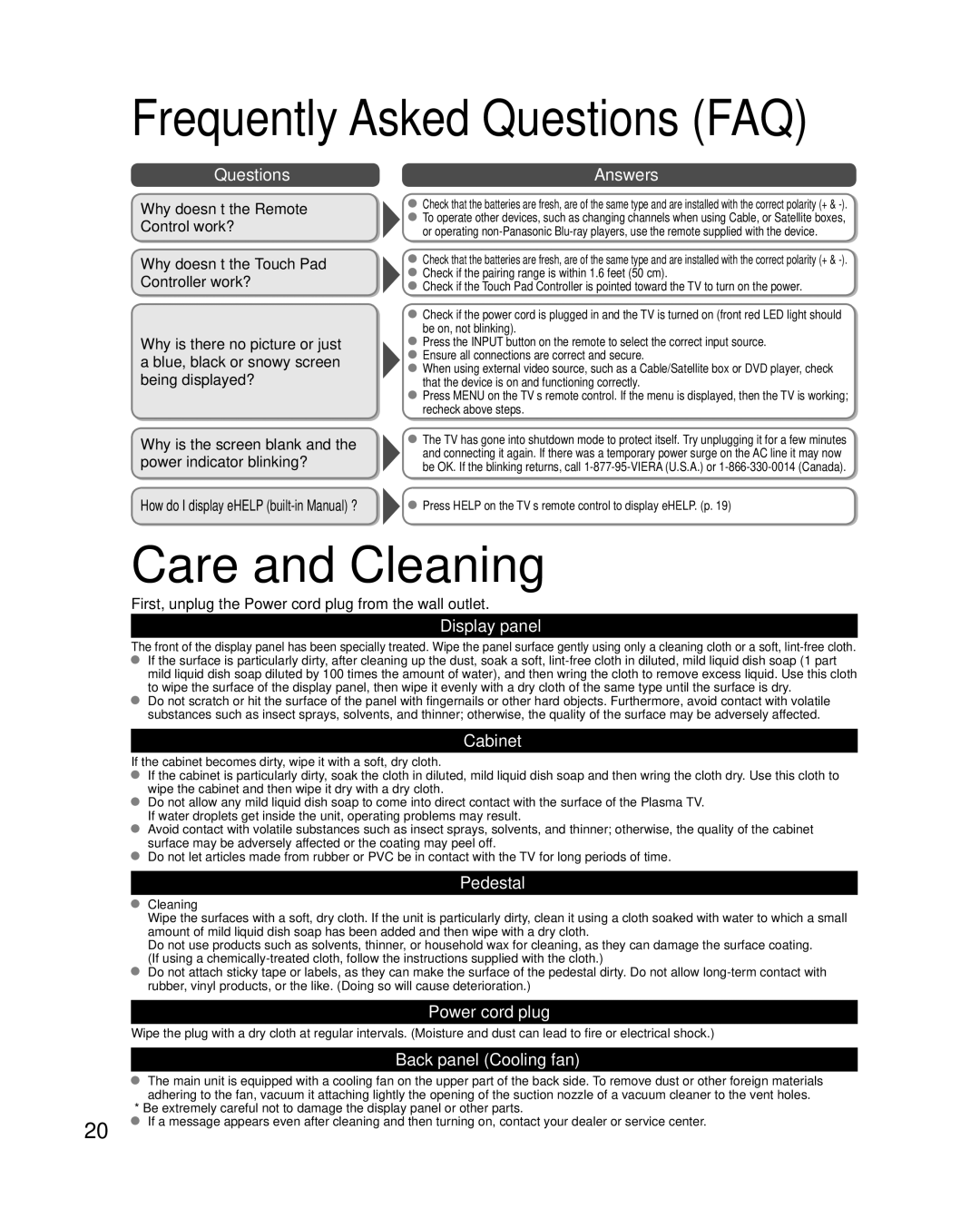 Panasonic TC-P55VT50, TC-P65VT50 owner manual Care and Cleaning 