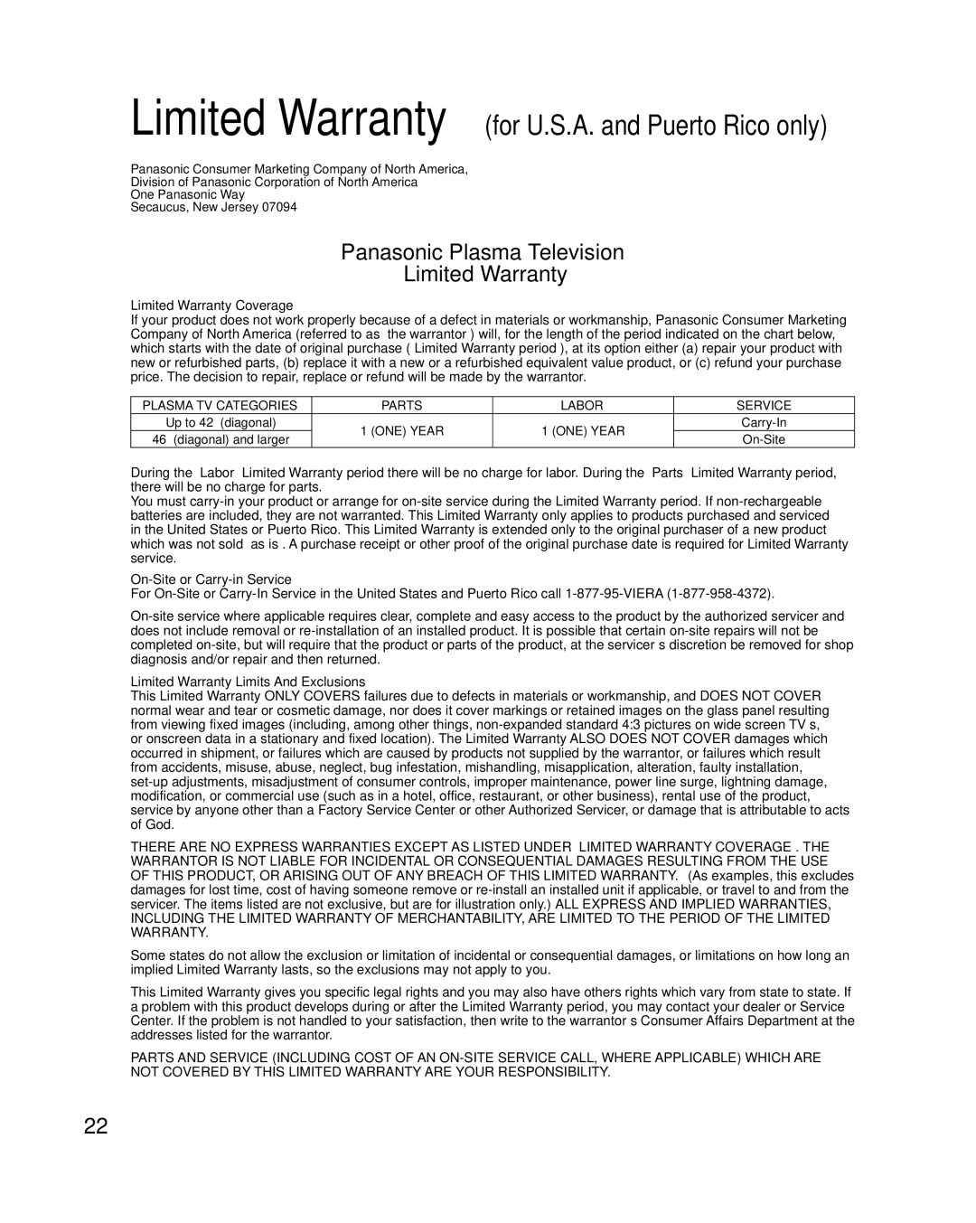 Panasonic TC-P55VT50 Limited Warranty Coverage, On-Site or Carry-in Service, Limited Warranty Limits And Exclusions 