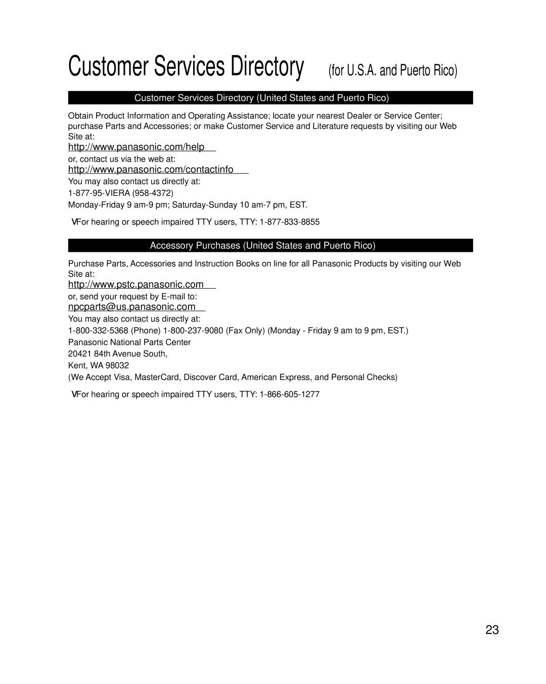 Panasonic TC-P65VT50, TC-P55VT50 Npcparts@us.panasonic.com, Customer Services Directory United States and Puerto Rico 