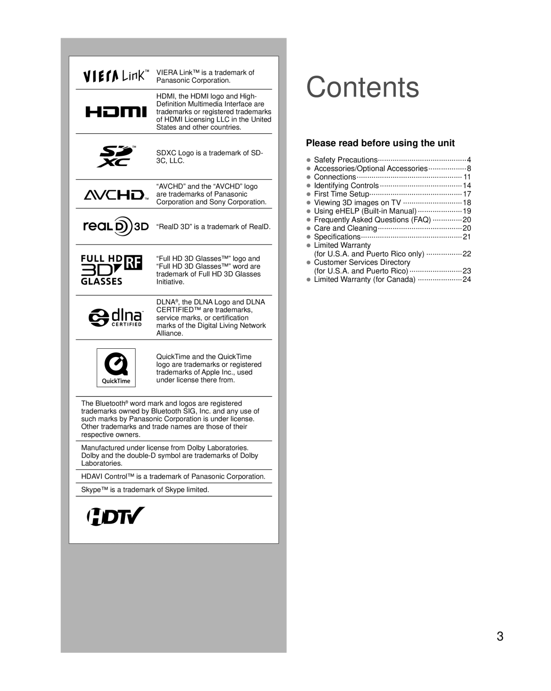 Panasonic TC-P65VT50, TC-P55VT50 owner manual Contents 