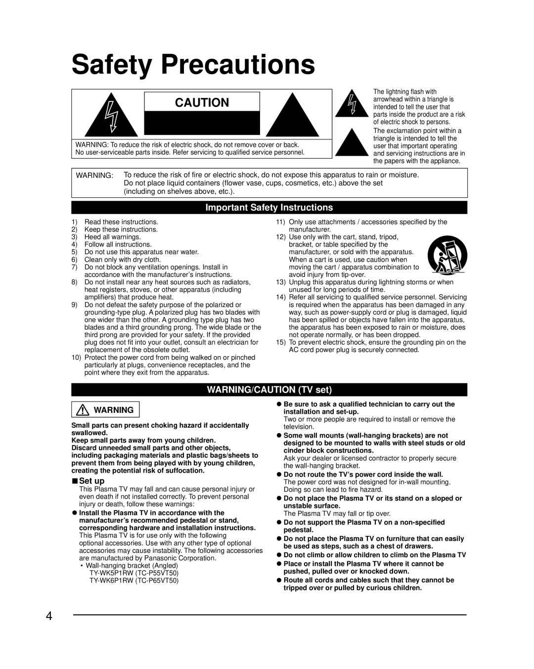 Panasonic TC-P55VT50, TC-P65VT50 owner manual Safety Precautions, Important Safety Instructions 