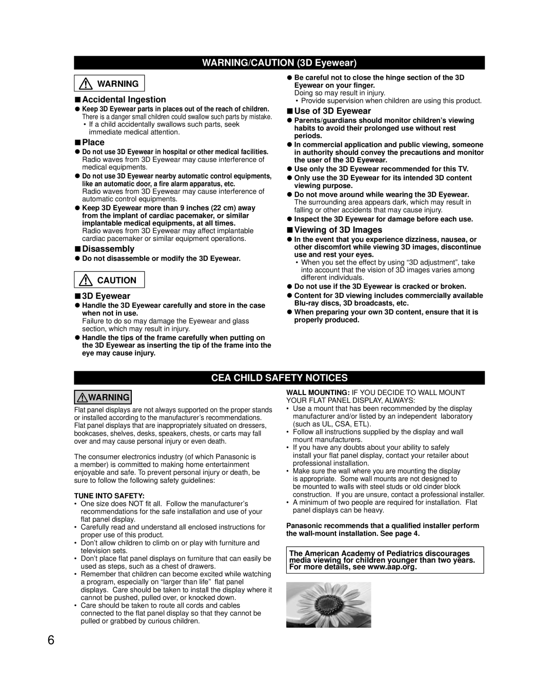 Panasonic TC-P55VT50, TC-P65VT50 Accidental Ingestion, Place, Disassembly, Use of 3D Eyewear, Viewing of 3D Images 