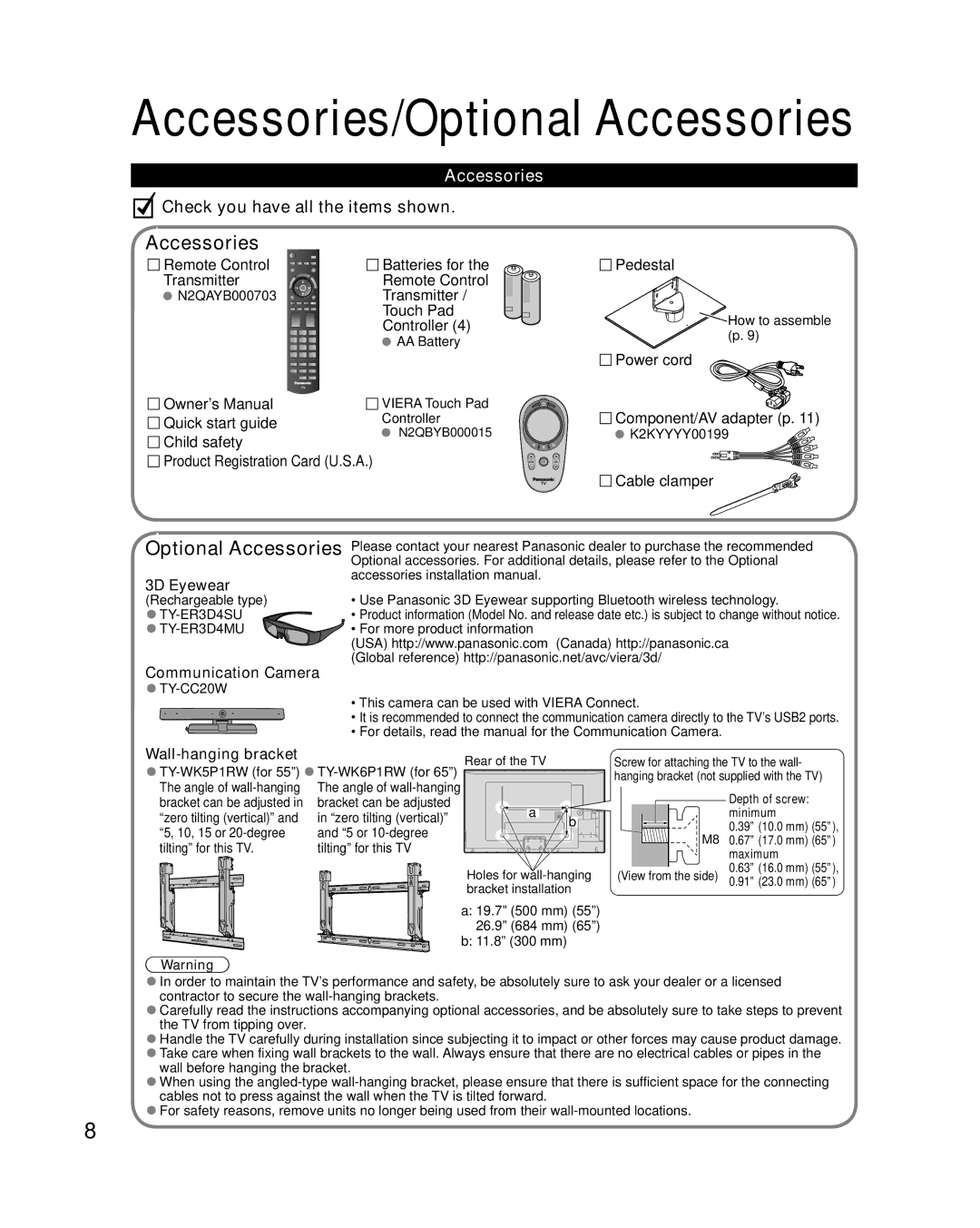 Panasonic TC-P55VT50, TC-P65VT50 owner manual Accessories, Communication Camera, Wall-hanging bracket 