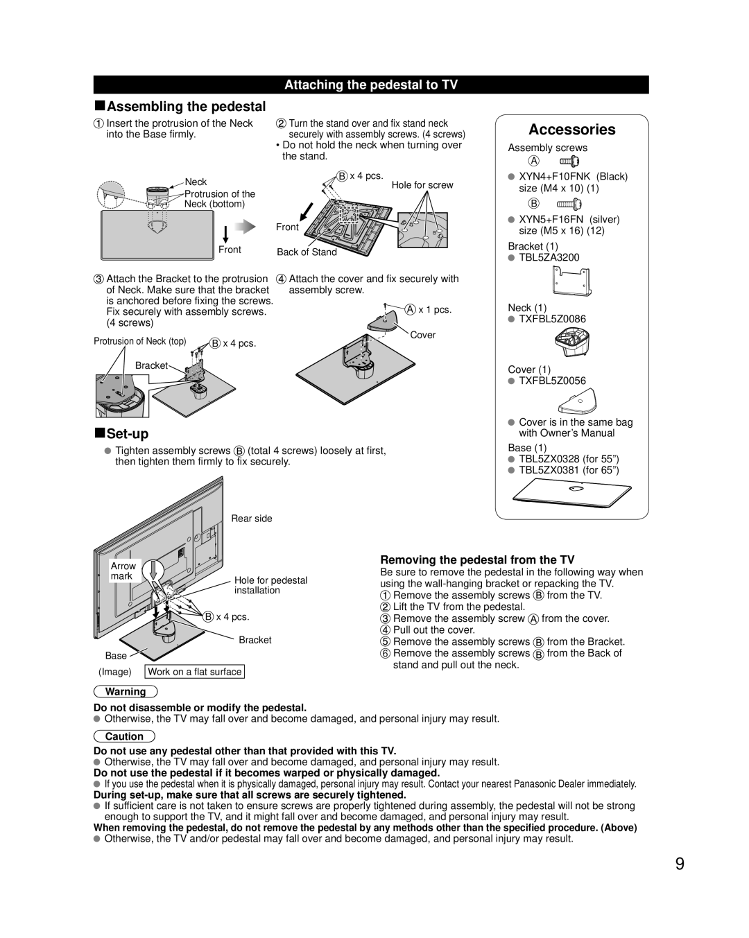 Panasonic TC-P65VT50 Assembling the pedestal, Set-up, Attaching the pedestal to TV, Removing the pedestal from the TV 