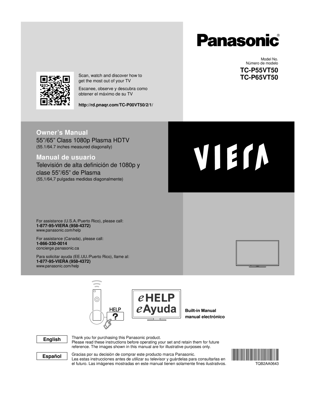 Panasonic TC-P65VT50 owner manual 55”/65” Class 1080p Plasma HDTV, Owner’s Manual, Manual de usuario, English Español 