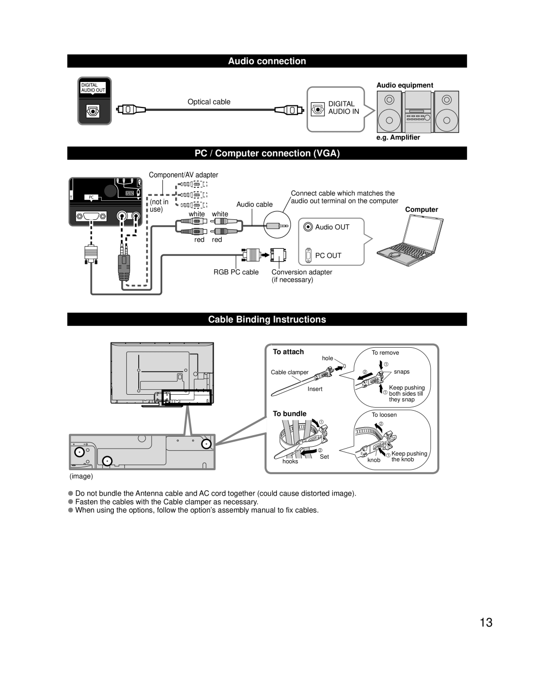 Panasonic TC-P65VT50, TC-P55VT50 owner manual Audio connection, PC / Computer connection VGA, Cable Binding Instructions 