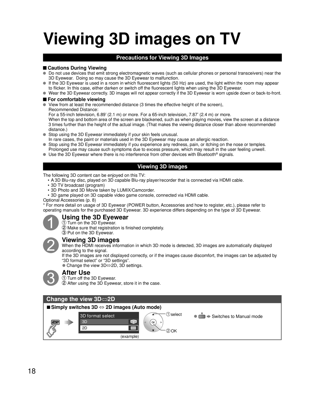 Panasonic TC-P55VT50 Viewing 3D images on TV, Using the 3D Eyewear, After Use, Change the view 3D⇔2D, 3D format select 