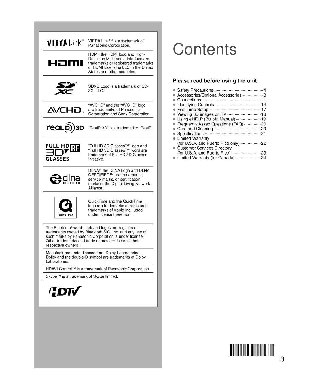 Panasonic TC-P65VT50, TC-P55VT50 owner manual Contents, Please read before using the unit 