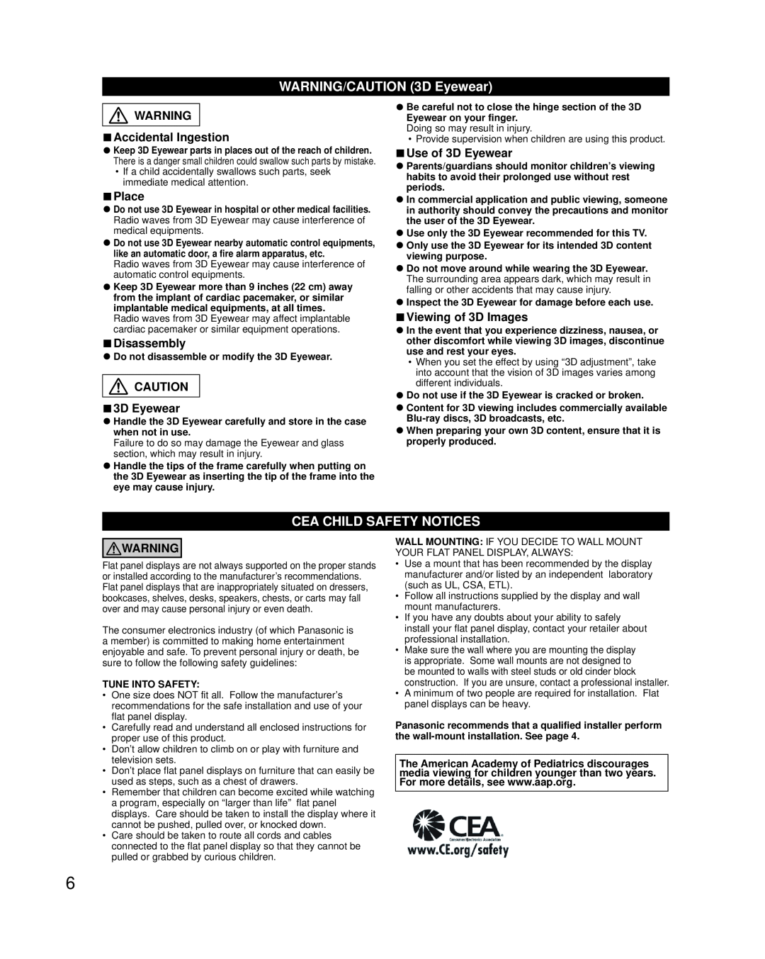 Panasonic TC-P55VT50 WARNING/CAUTION 3D Eyewear, Cea Child Safety Notices, Accidental Ingestion, Place, Disassembly 