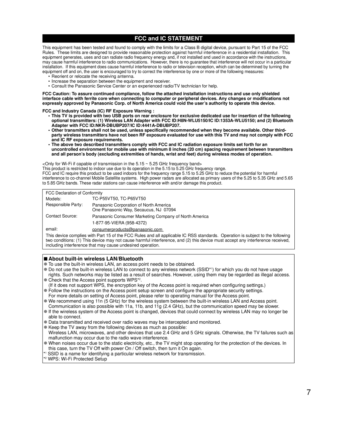 Panasonic TC-P65VT50, TC-P55VT50 owner manual FCC and IC STATEMENT, About built-in wireless LAN/Bluetooth 