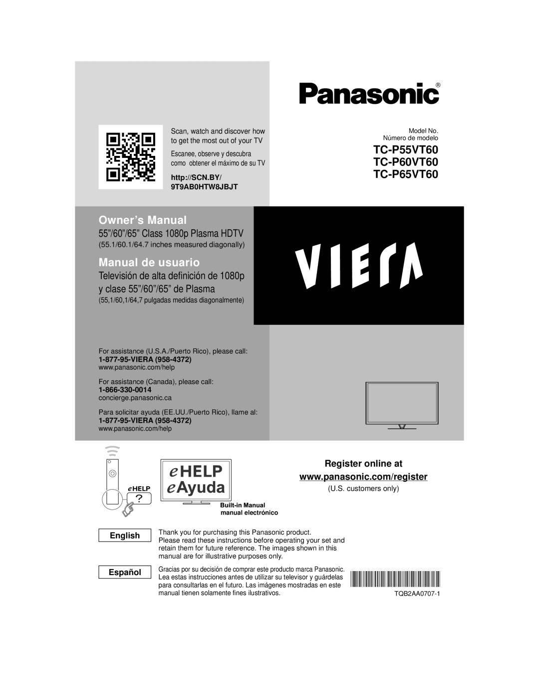 Panasonic TC-P60VT60 owner manual 55”/60”/65” Class 1080p Plasma HDTV, Register online at, English Español, Owner’s Manual 
