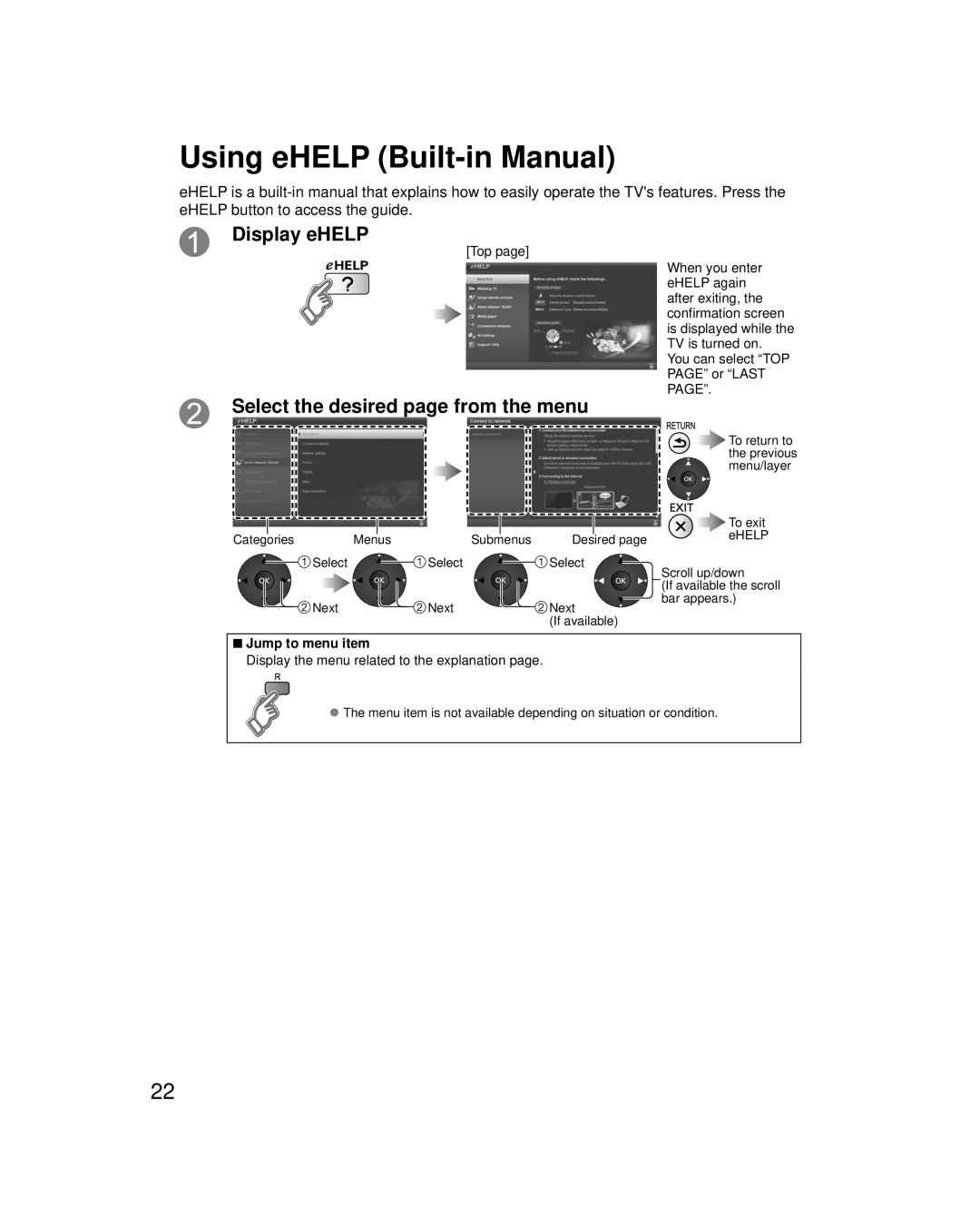 Panasonic TCP65VT60 Using eHELP Built-in Manual, Display eHELP, Select the desired page from the menu, Jump to menu item 