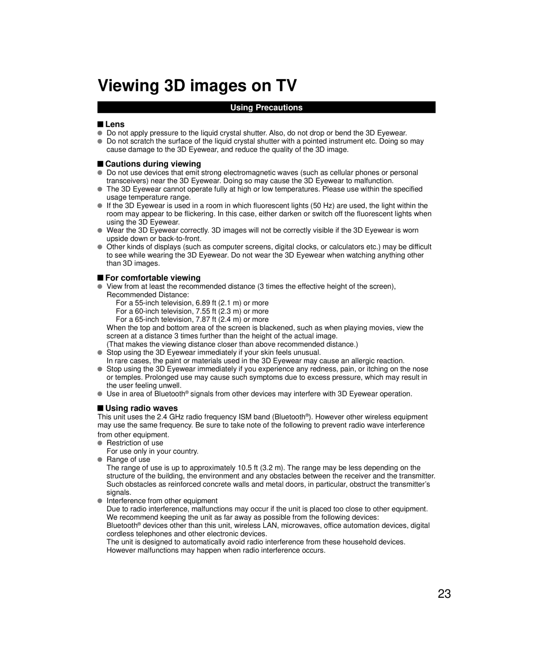 Panasonic TCP55VT60 Viewing 3D images on TV, Using Precautions, Lens, Cautions during viewing, For comfortable viewing 