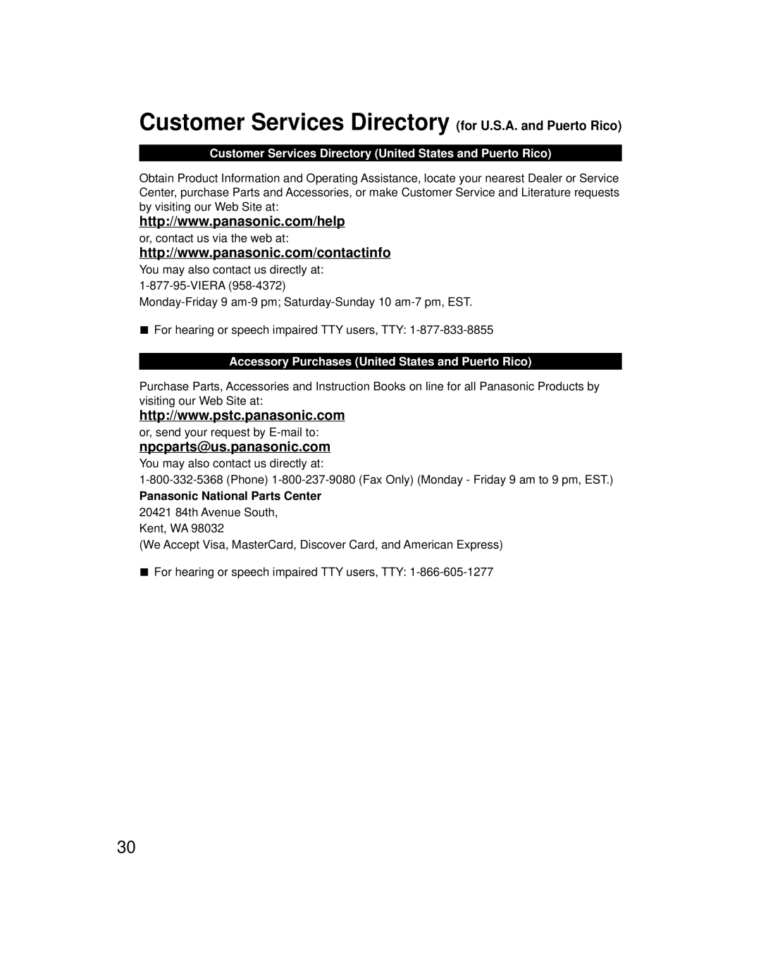 Panasonic TC-P55VT60, TC-P60VT60 Customer Services Directory for U.S.A. and Puerto Rico, npcparts@us.panasonic.com 