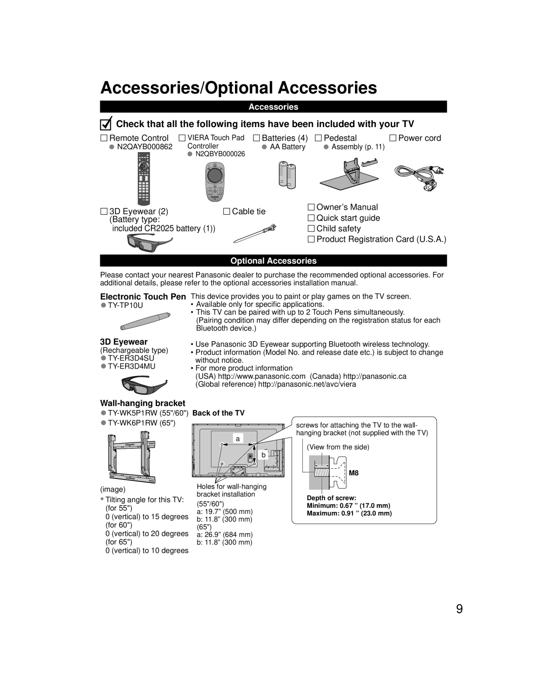 Panasonic TCP60VT60 Accessories/Optional Accessories, Check that all the following items have been included with your TV 