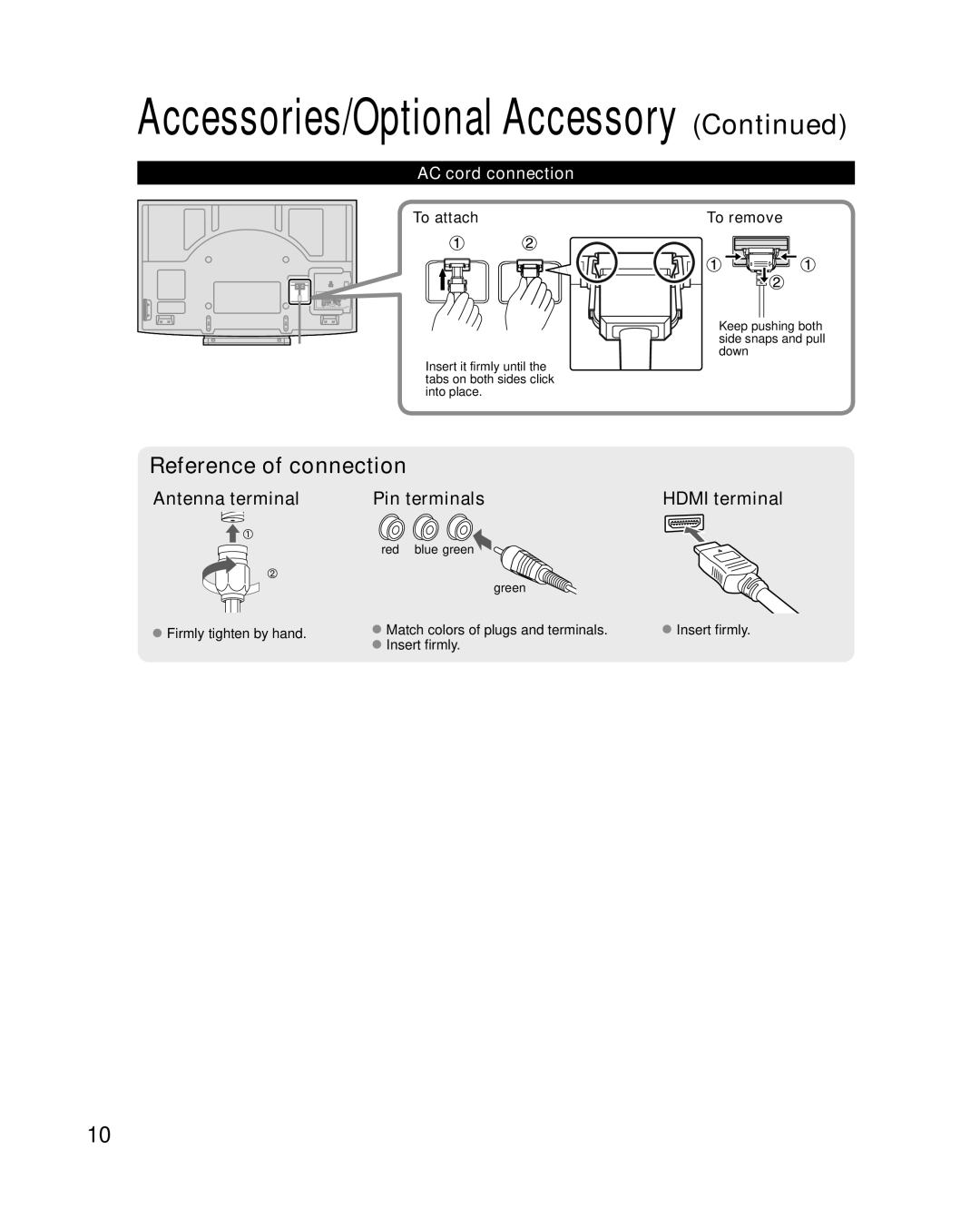 Panasonic TC-P58V10 quick start AC cord connection, To attach To remove, Red blue green Green 