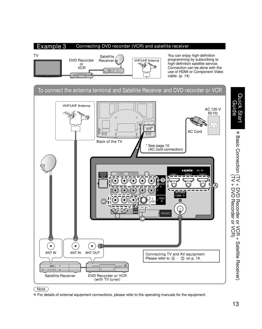 Panasonic TC-P58V10 quick start Connecting DVD recorder VCR and satellite receiver, Satellite, DVD Recorder Receiver 