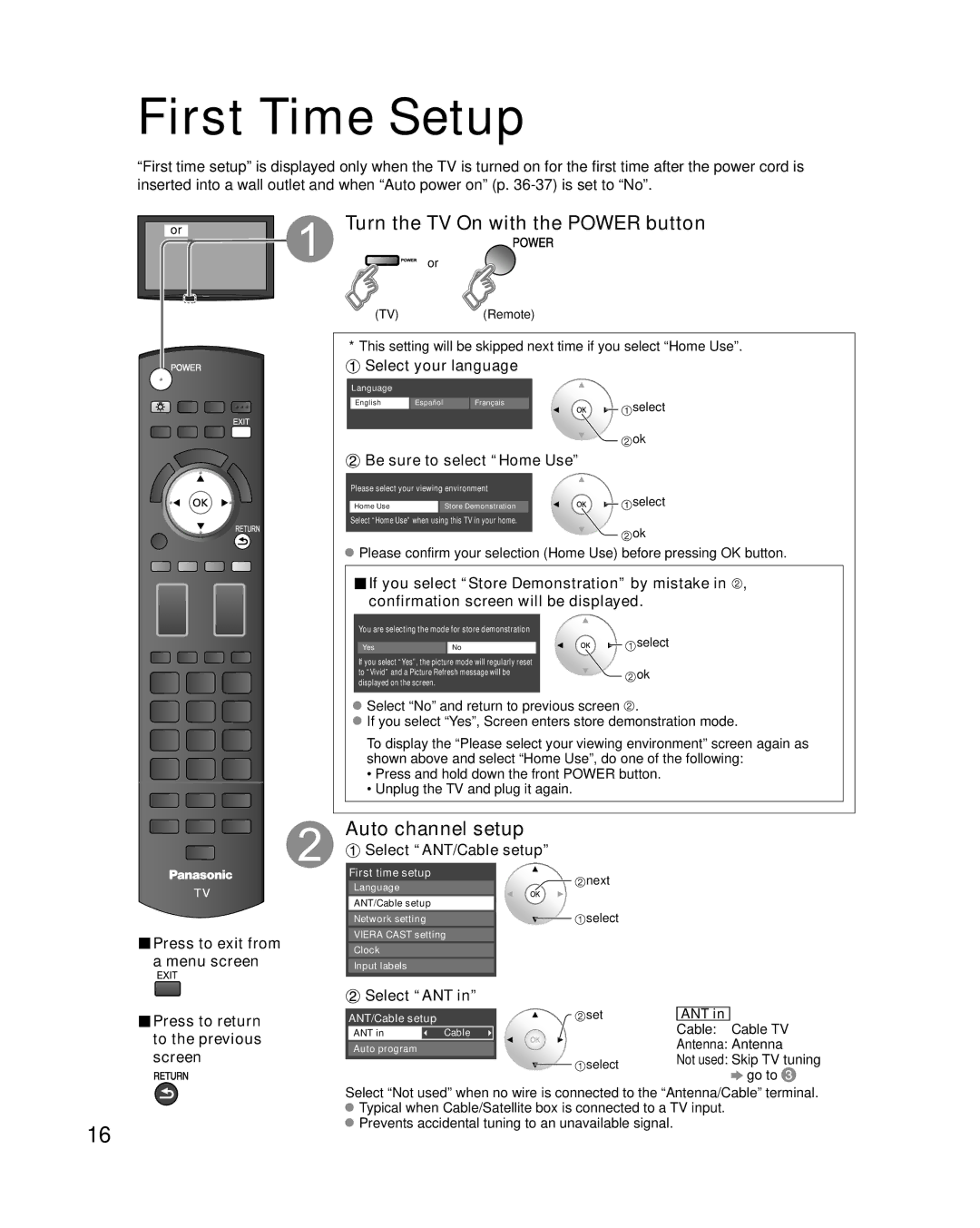 Panasonic TC-P58V10 First Time Setup, Turn the TV On with the Power button, Auto channel setup, Be sure to select Home Use 