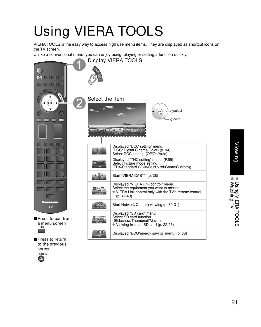 Panasonic TC-P58V10 quick start Using Viera Tools, Display Viera Tools Select the item, Select next 