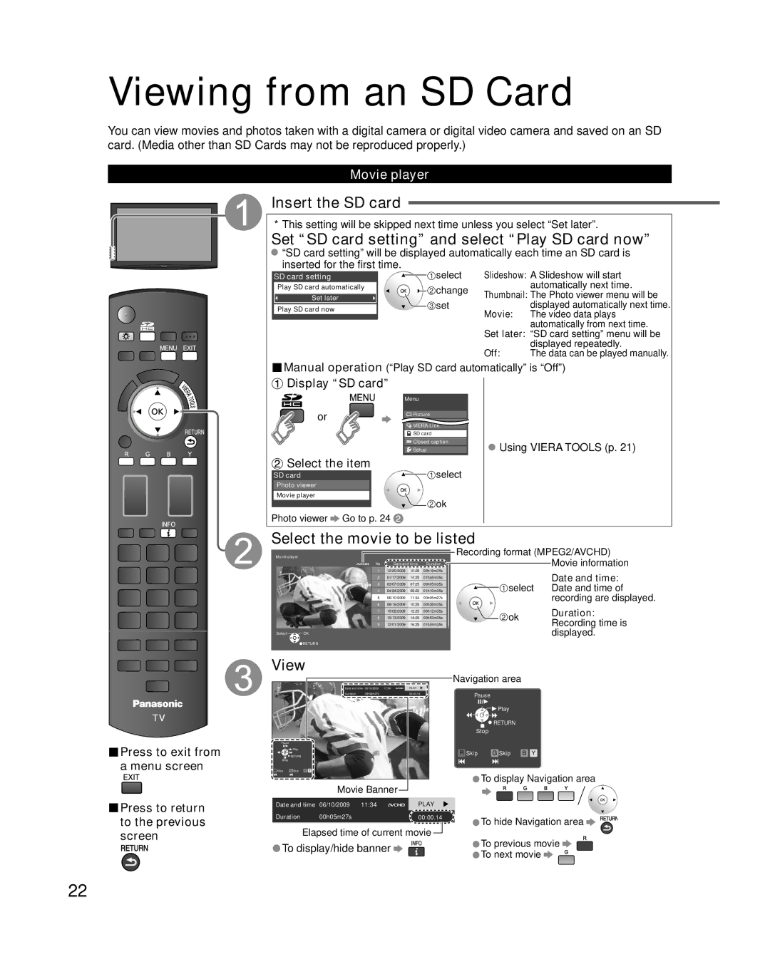 Panasonic TC-P58V10 Viewing from an SD Card, Insert the SD card, Set SD card setting and select Play SD card now 