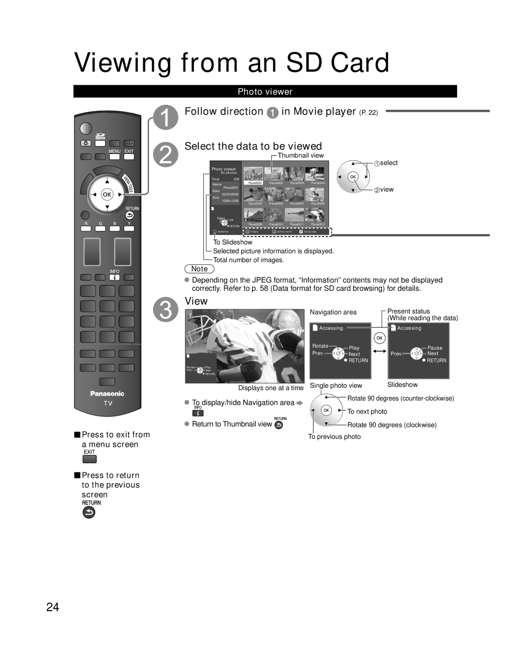 Panasonic TC-P58V10 quick start Photo viewer, Press to exit from, Menu screen Press to return to the previous screen 