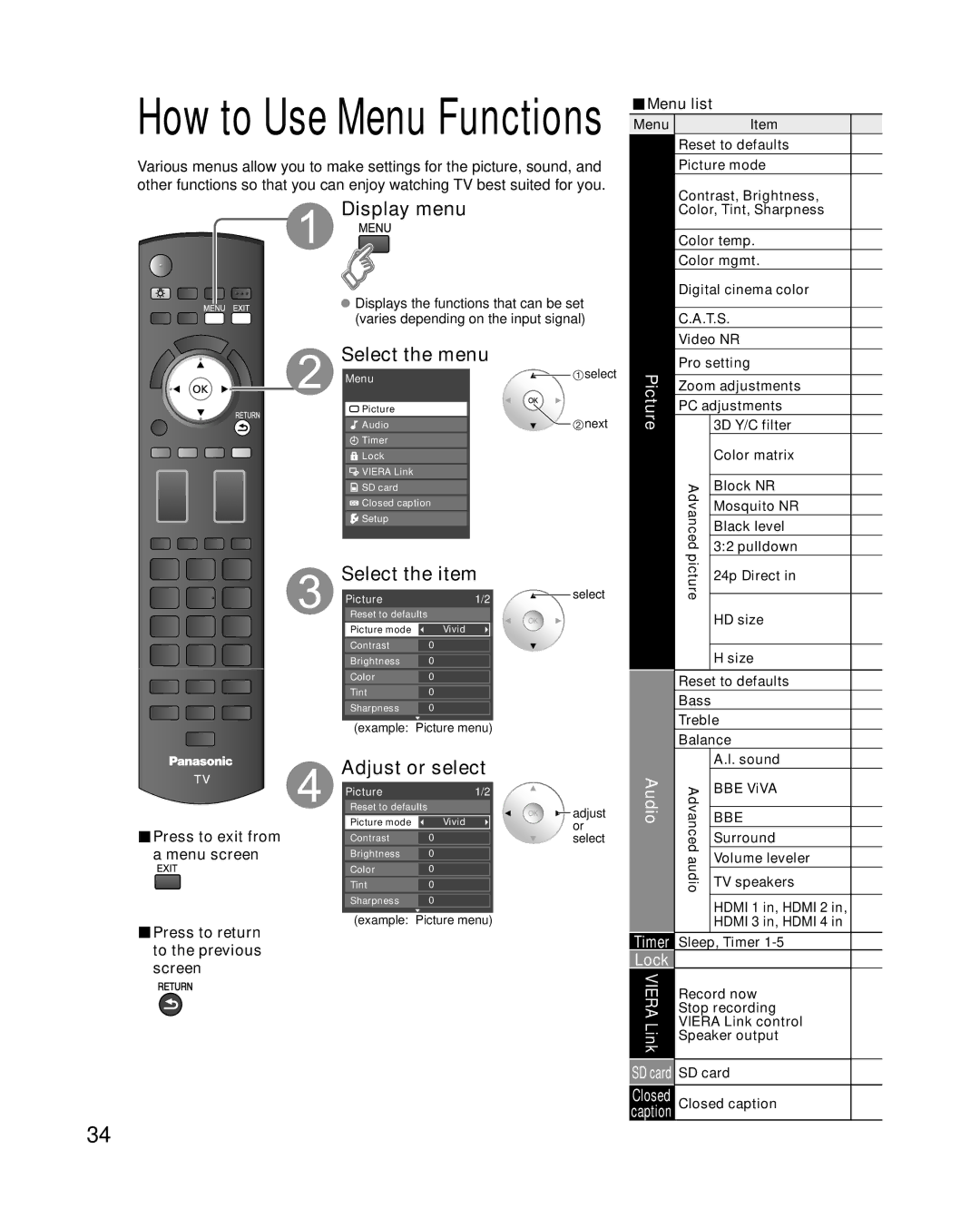 Panasonic TC-P58V10 quick start How to Use Menu Functions, Display menu, Select the menu, Adjust or select 