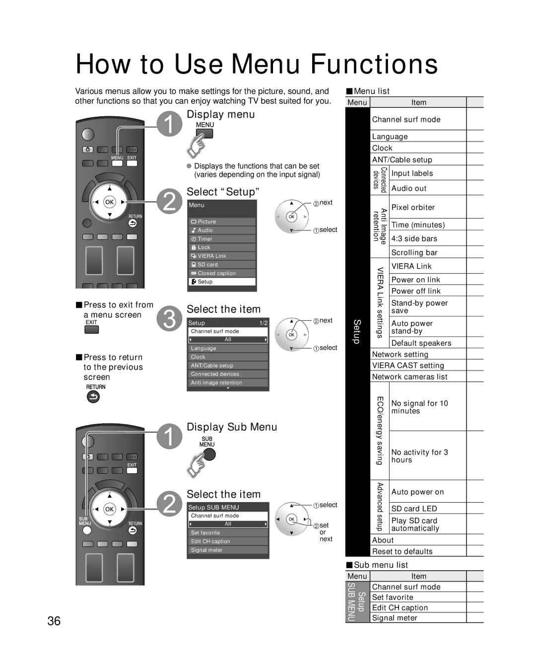 Panasonic TC-P58V10 quick start How to Use Menu Functions, Display Sub Menu, Press to exit from, Menu screen, Sub Menu list 