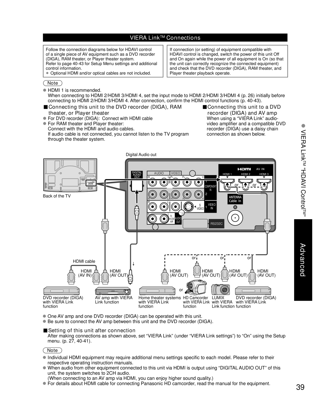 Panasonic TC-P58V10 quick start Viera LinkTM Connections, Setting of this unit after connection 