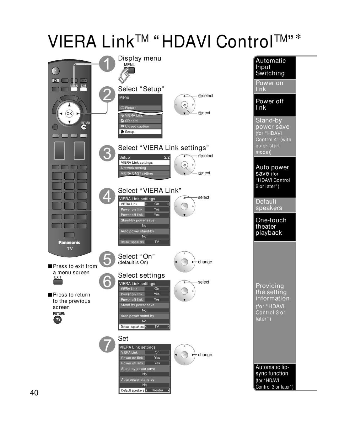 Panasonic TC-P58V10 Select settings, Set, Auto power save for, For Hdavi Control 3 or later, Automatic lip- sync function 