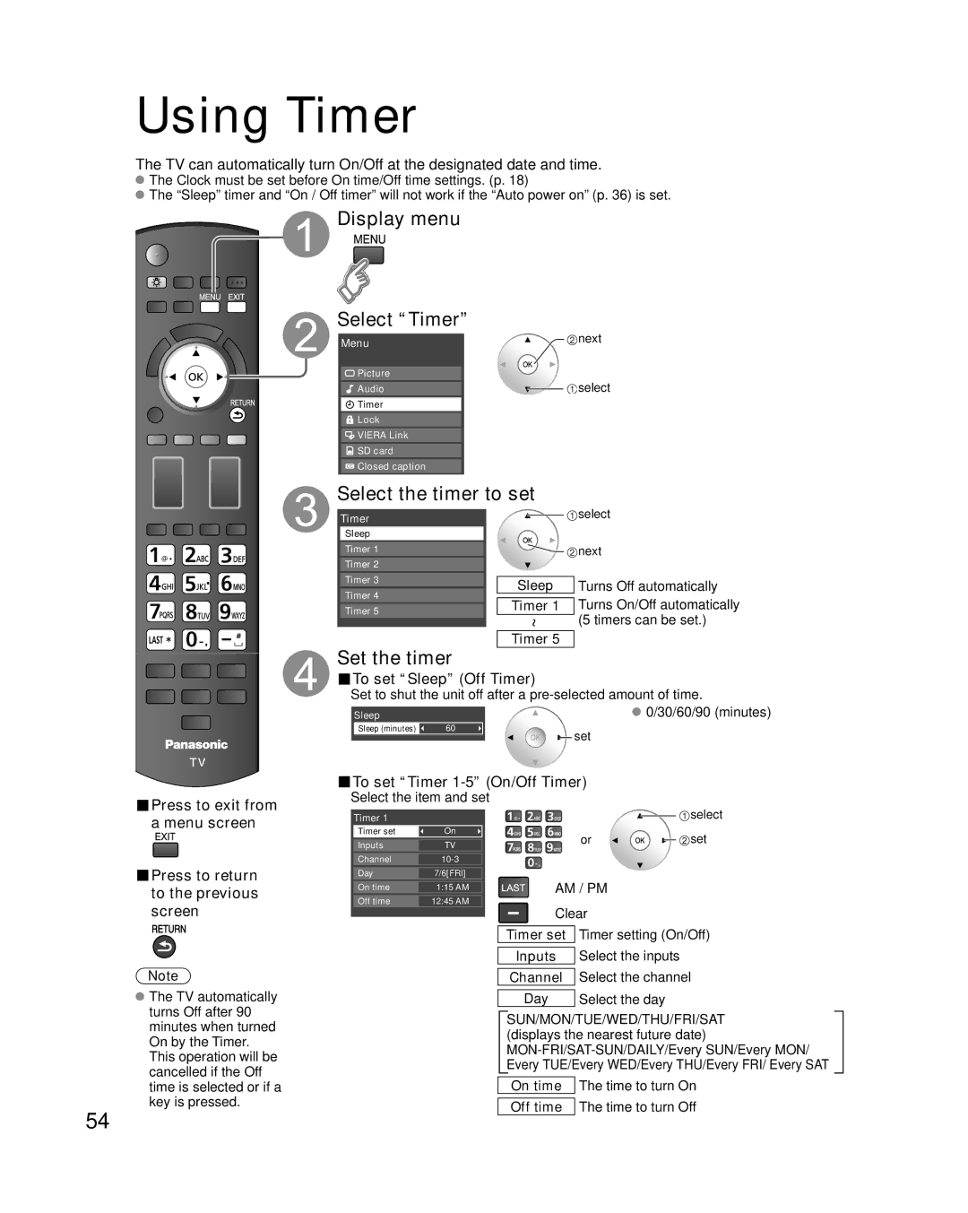 Panasonic TC-P58V10 quick start Using Timer, Display menu Select Timer, Select the timer to set, Set the timer 