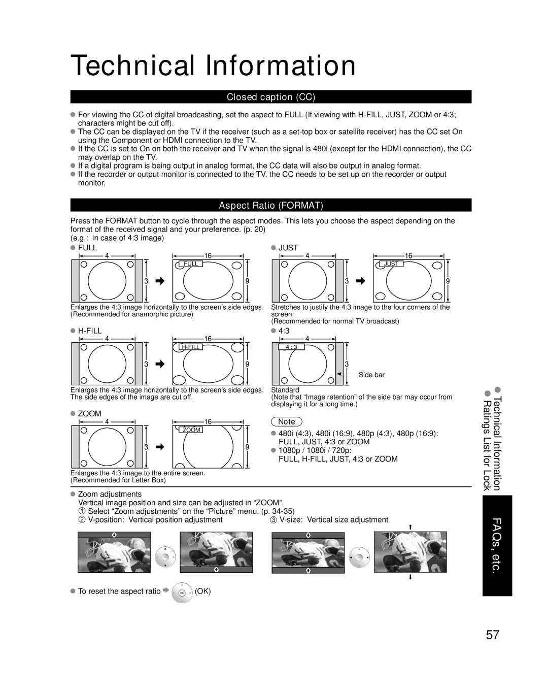 Panasonic TC-P58V10 quick start Technical Information, Closed caption CC, Aspect Ratio Format 