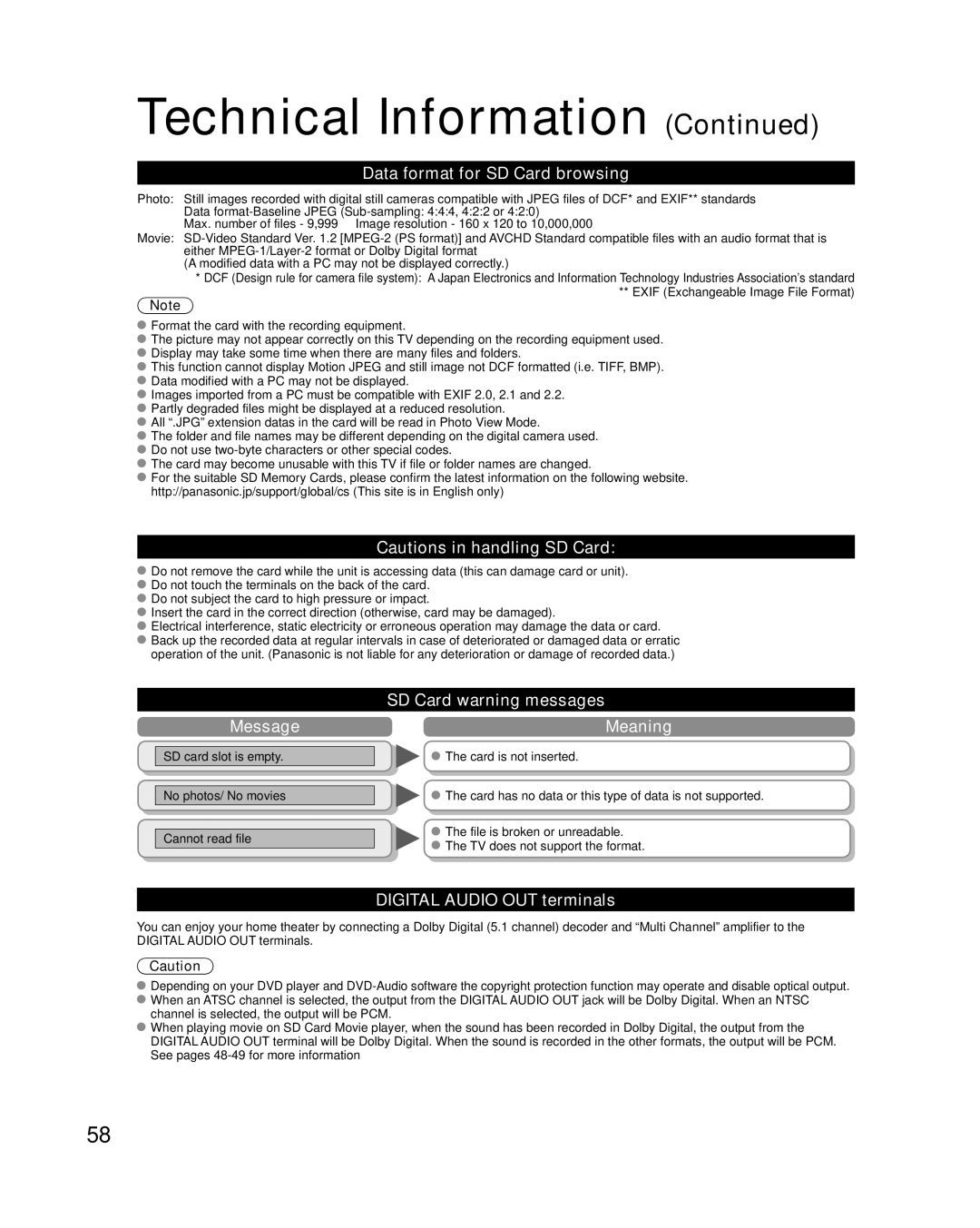 Panasonic TC-P58V10 quick start Data format for SD Card browsing, Message, SD Card warning messages Meaning 