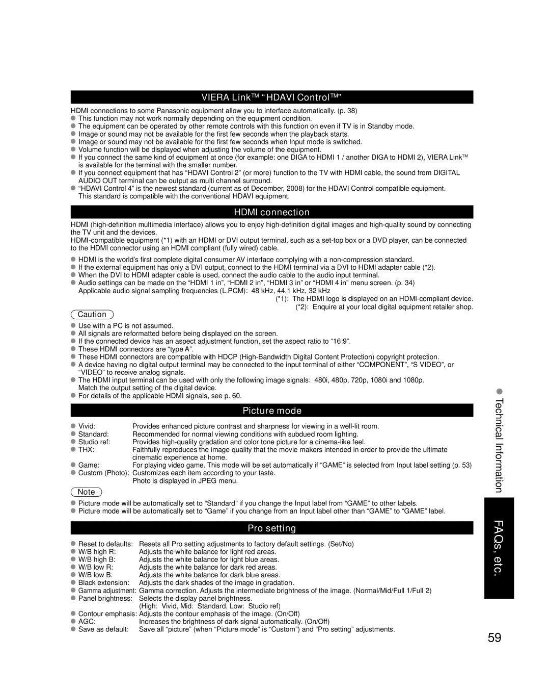 Panasonic TC-P58V10 quick start Viera LinkTM Hdavi ControlTM, Hdmi connection, Picture mode, Pro setting 