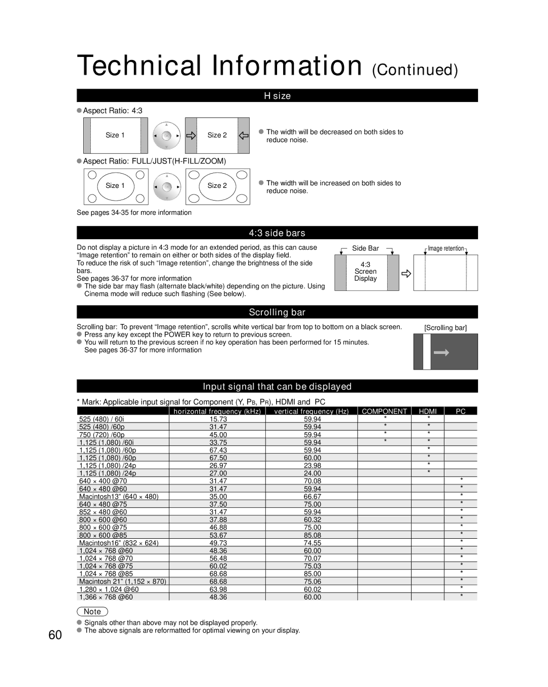 Panasonic TC-P58V10 quick start Size, Side bars, Scrolling bar, Input signal that can be displayed 