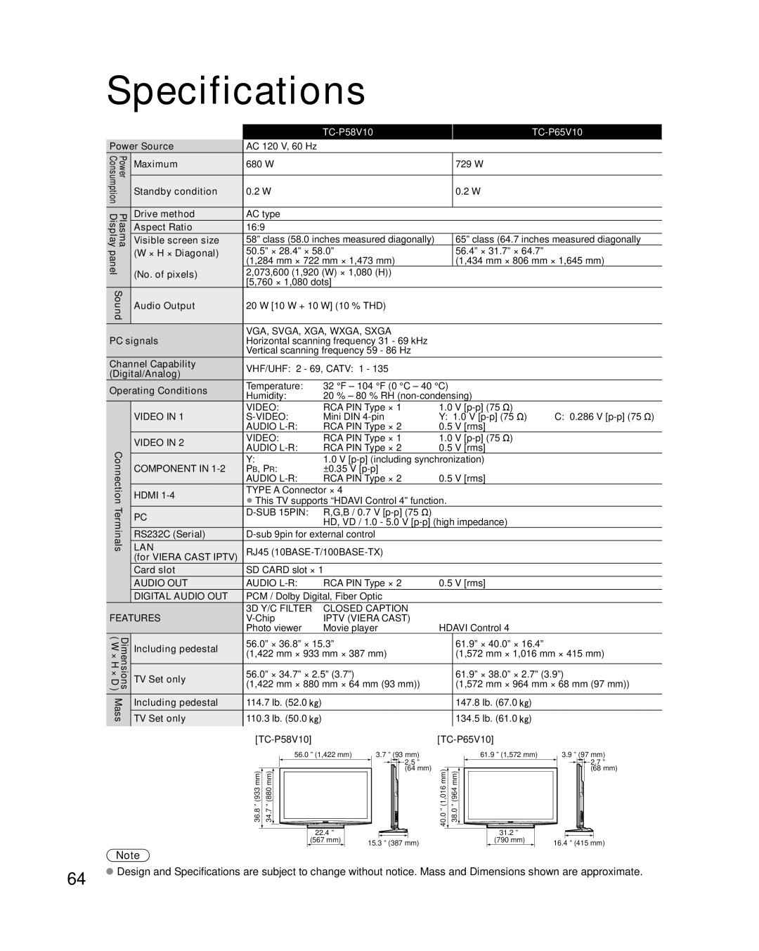 Panasonic TC-P58V10 quick start Specifications 