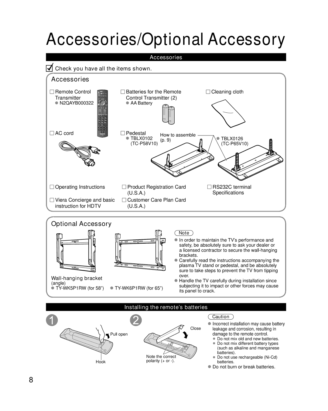 Panasonic TC-P58V10 quick start Accessories/Optional Accessory, Installing the remote’s batteries 