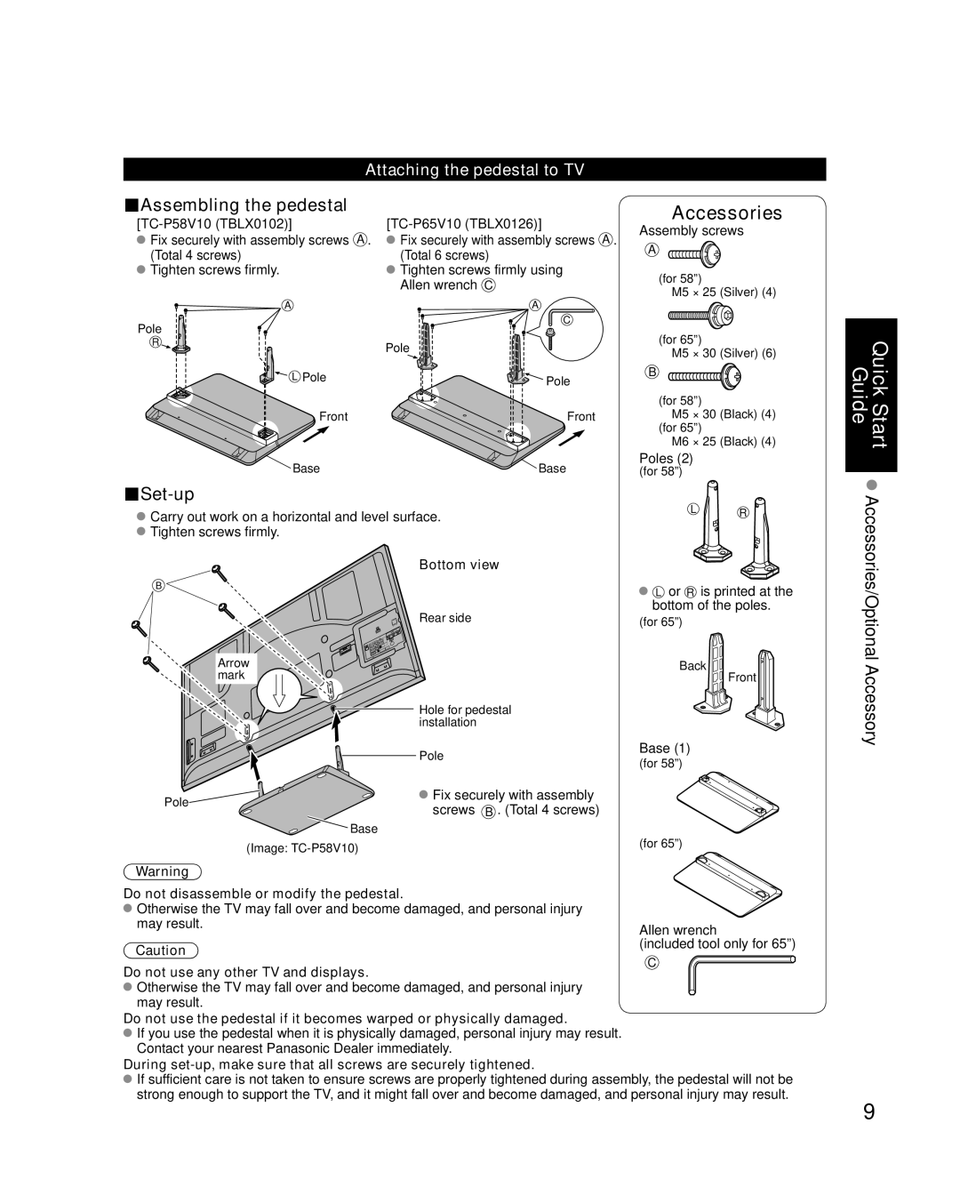 Panasonic TC-P58V10 quick start Attaching the pedestal to TV, Bottom view, Do not disassemble or modify the pedestal 