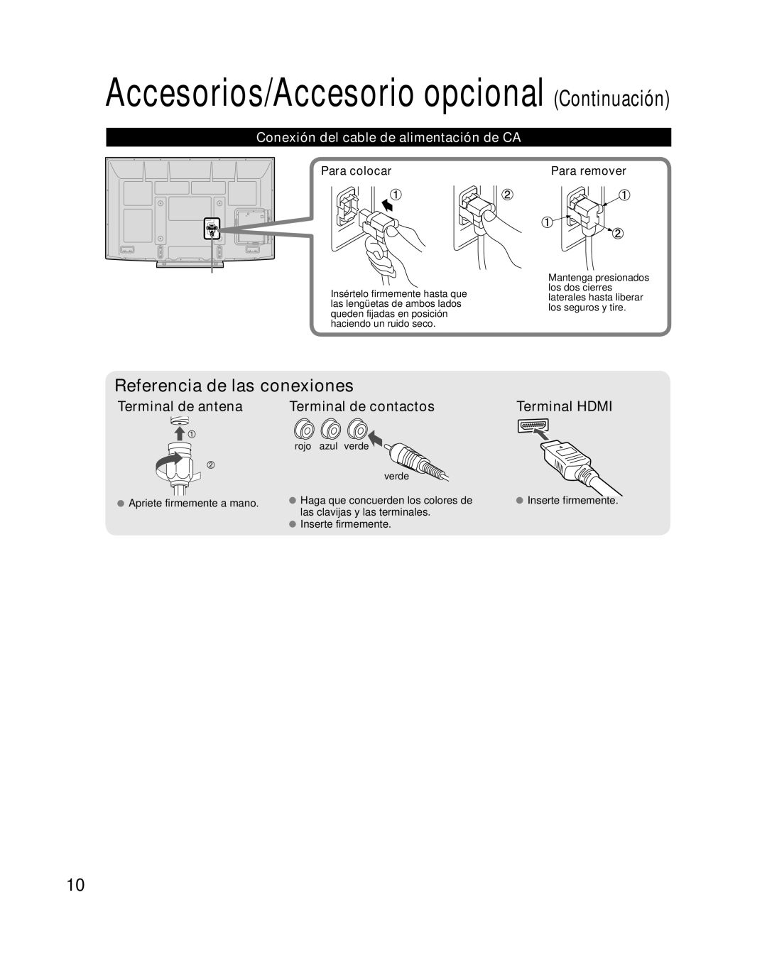 Panasonic TC-P58VT25 Conexión del cable de alimentación de CA, Para colocar, Para remover, Rojo azul verde Verde 