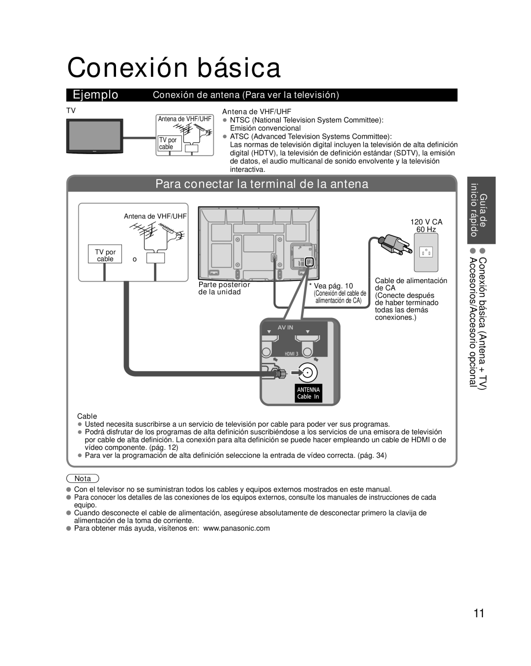 Panasonic TC-P58VT25 quick start Conexión básica, Conexión de antena Para ver la televisión, Guía inicio 