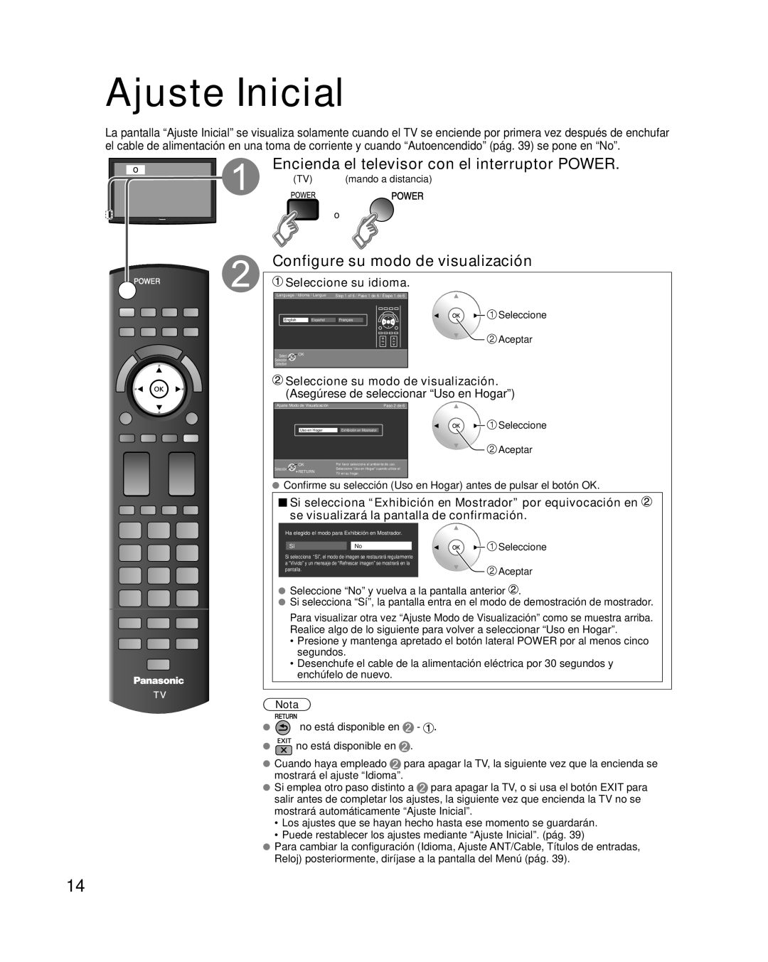 Panasonic TC-P58VT25 Ajuste Inicial, Encienda el televisor con el interruptor Power, Configure su modo de visualización 