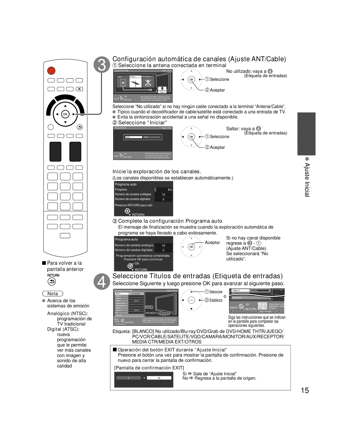 Panasonic TC-P58VT25 quick start Configuración automática de canales Ajuste ANT/Cable, Guía de Ajuste Inicial inicio rápido 