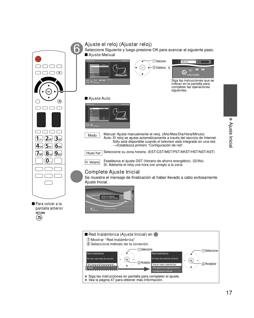 Panasonic TC-P58VT25 quick start Ajuste el reloj Ajustar reloj, Complete Ajuste Inicial, Ajuste Auto 