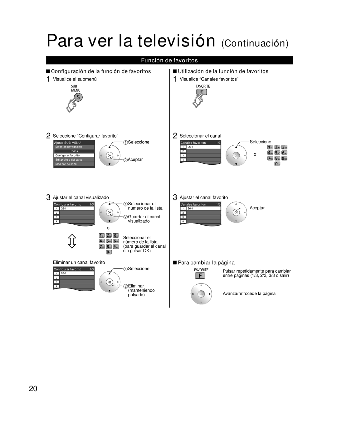 Panasonic TC-P58VT25 Para ver la televisión Continuación, Función de favoritos, Configuración de la función de favoritos 