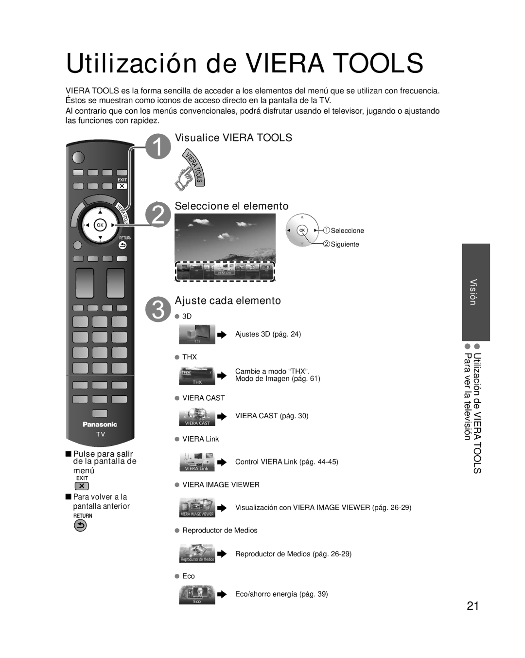 Panasonic TC-P58VT25 quick start Utilización de Viera Tools, Pulse para salir de la pantalla de menú 