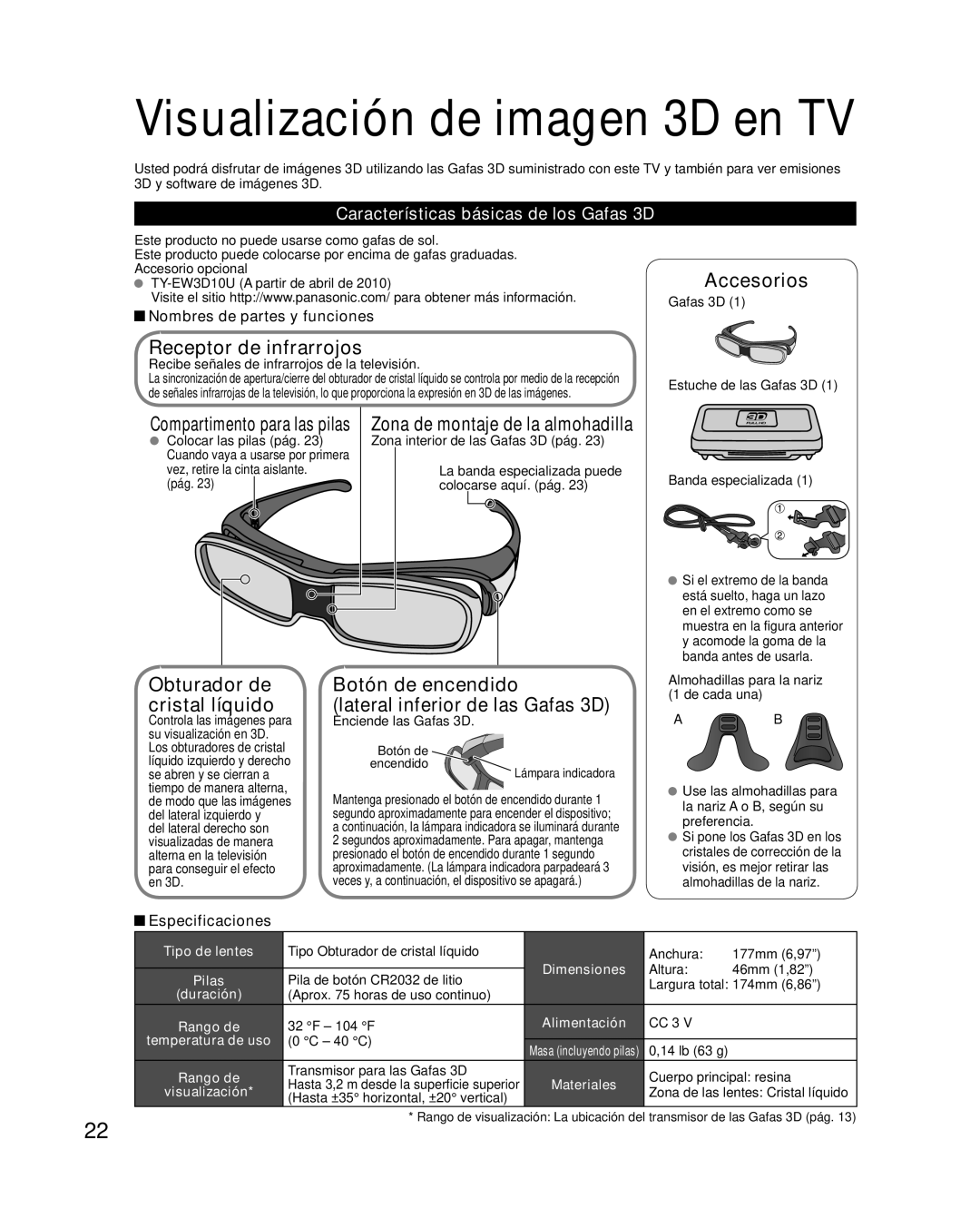 Panasonic TC-P58VT25 Receptor de infrarrojos, Obturador de Botón de encendido, Características básicas de los Gafas 3D 